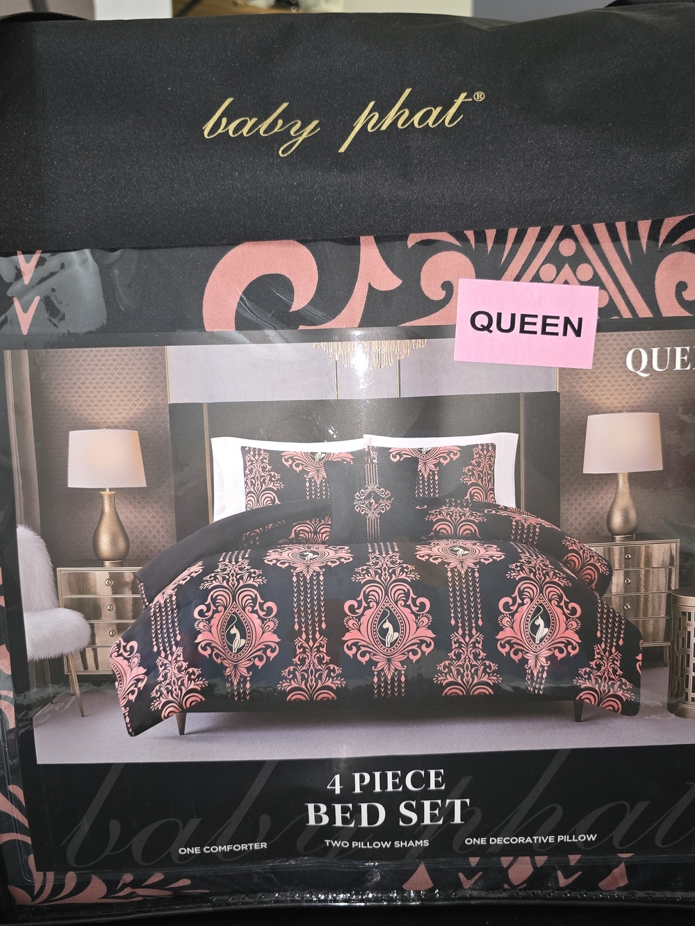 Baby Phat Black and Pink Queen Comforter Set with Damask Motif